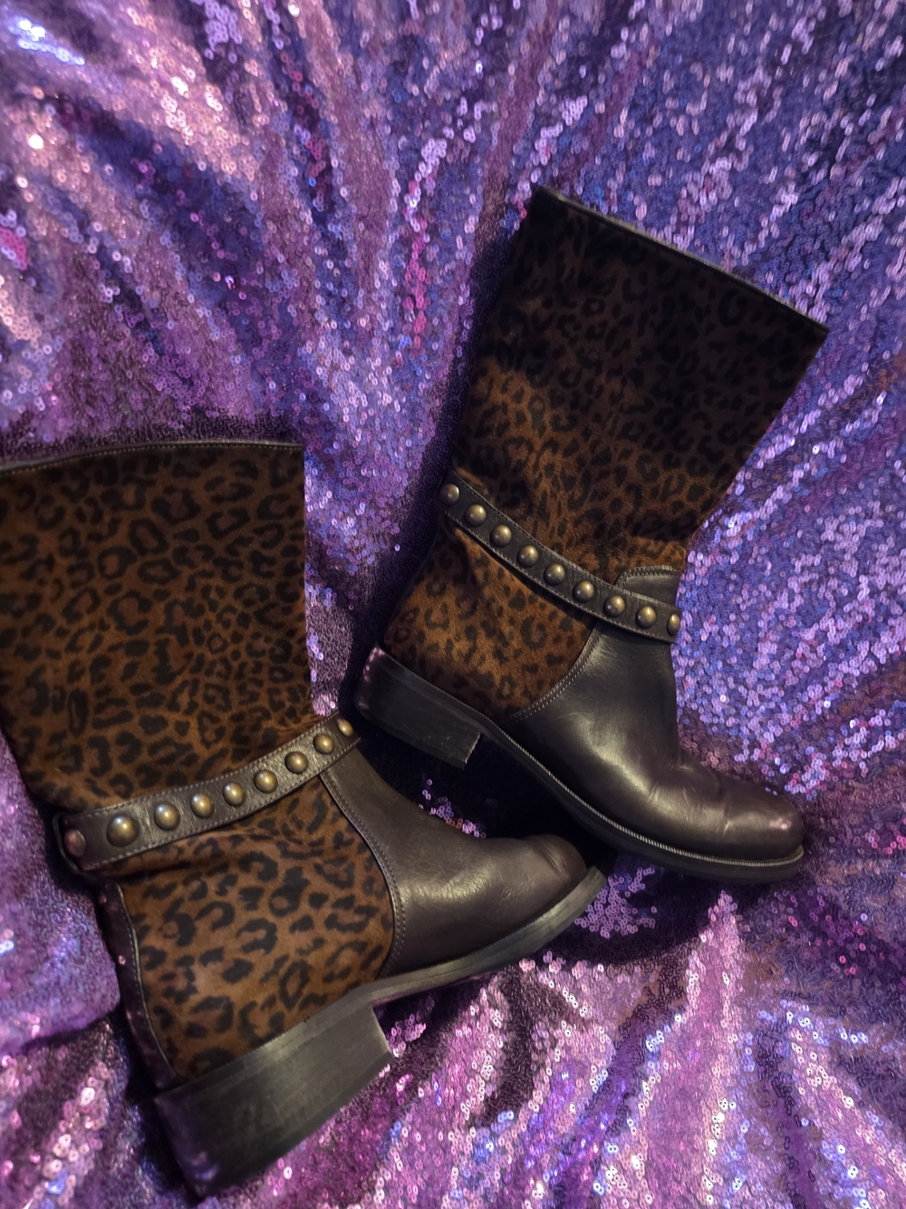 Latitude feme mid calf Boots Cheetah Print studded brown Leather Sz6.5